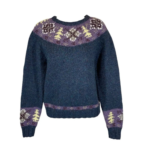 Lands' End Sweaters - Vintage Lands’ End Shetland wool sweater hand knit fair isle purple blue medium